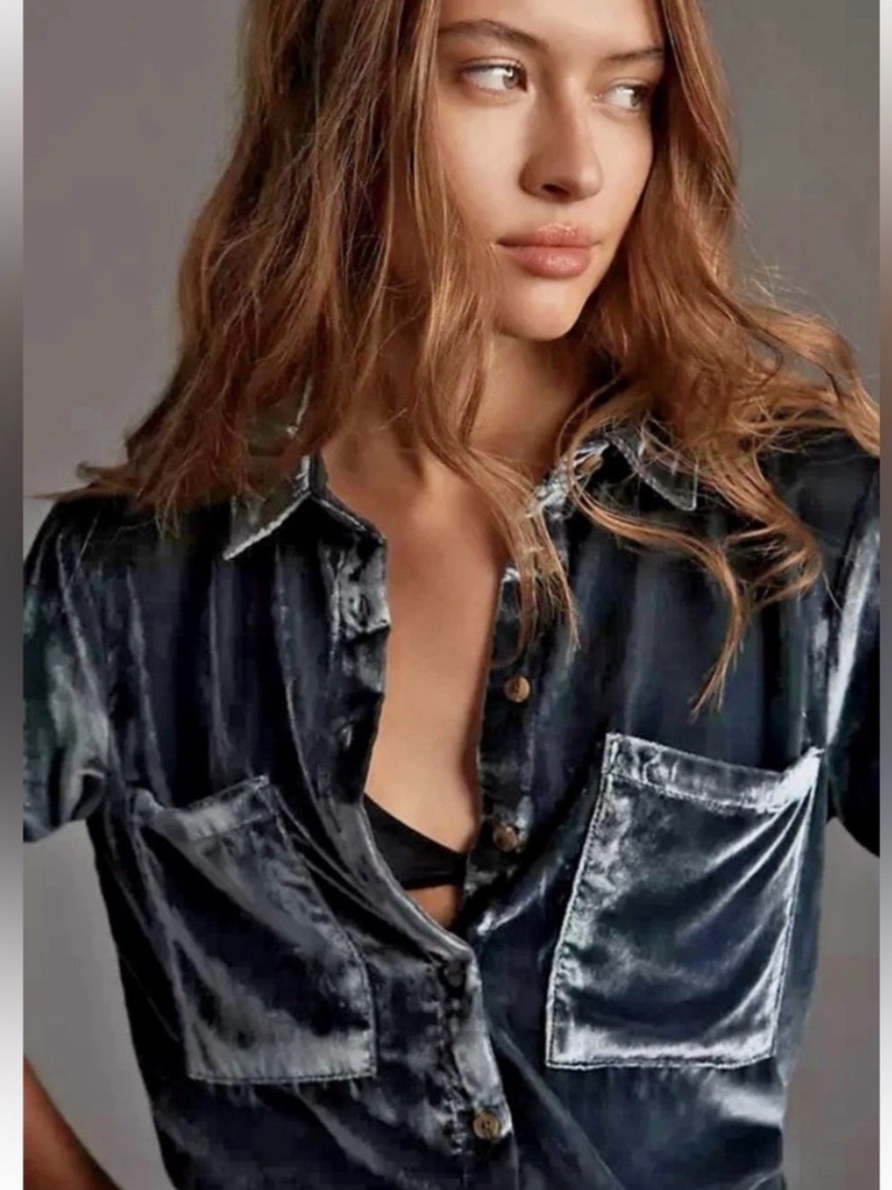 NWT Anthropologie Pilcro Hadley Luxe Velvet Relaxed Buttondown Shirt in Slate - Picture 3 of 7